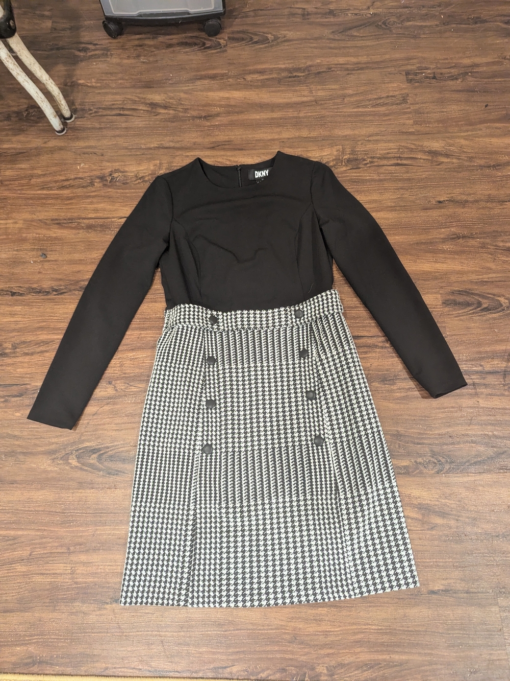DKNY Black Top with Black and White Houndstooth Midi Skirt